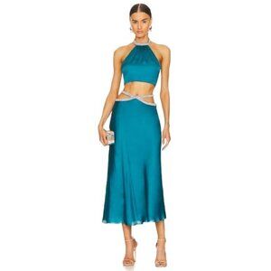 Yaura Fife Satin Crystal Waist Cut out Skirt in Blue XSmall New Womens Midi